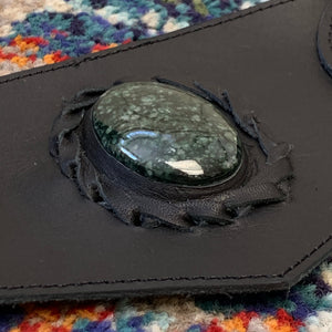 Black Leather Double Hip Pouch with Vintage Huipil Textile & Jade Stone