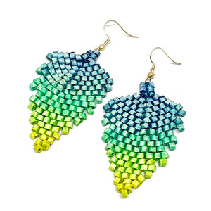 Aqua, Green & Lime Ceramic Beaded Leaf Earrings