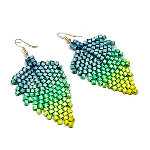 Aqua, Green & Lime Ceramic Beaded Leaf Earrings