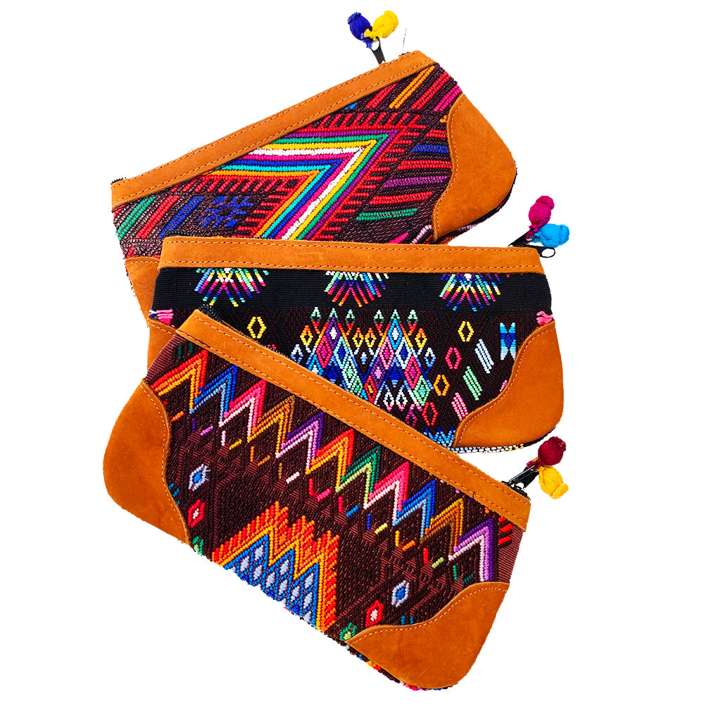 Bold Vintage Guatemalan Huipil Fabric & Leather Clutch