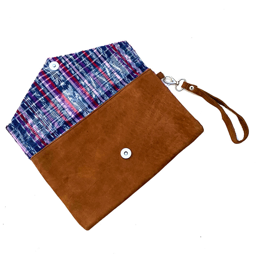 Large Purple Huipil Fabric & Leather Clutch with Removable Wrist Strap