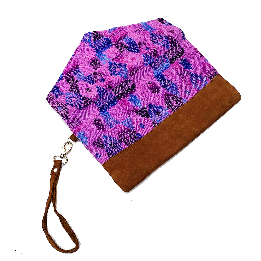 Large Purple Huipil Fabric & Leather Clutch with Removable Wrist Strap