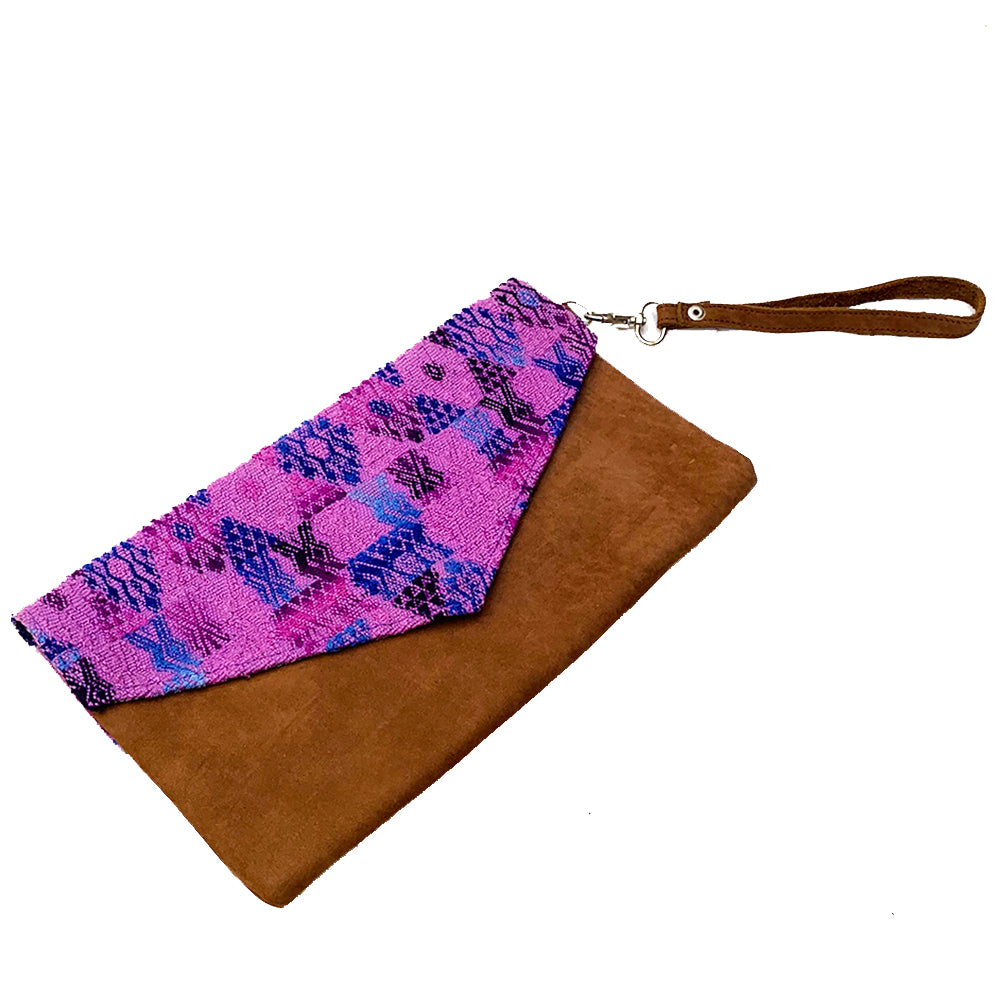 Large Purple Huipil Fabric & Leather Clutch with Removable Wrist Strap