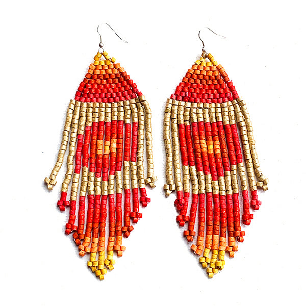 Large 5 1/2" Red, Orange, Yellow & Gold Beaded 13 Fringe Earrings