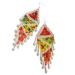 Large 5" White Rainbow Ceramic Beaded 13 Fringe Earrings