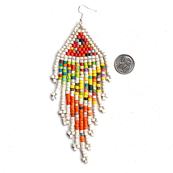 Large 5" White Rainbow Ceramic Beaded 13 Fringe Earrings