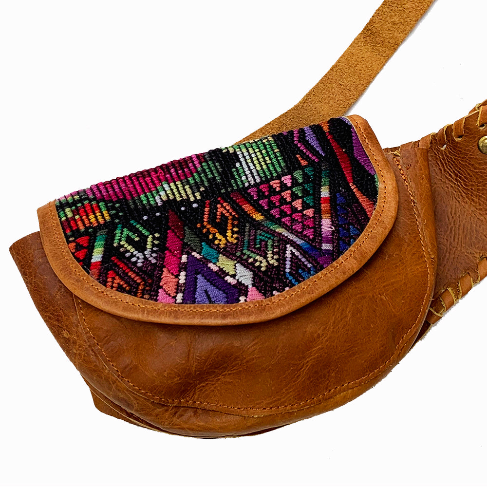 Brown Leather Double Hip Pouch with Vintage Huipil Textile & Jade Stone