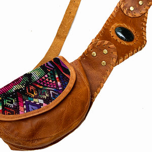 Brown Leather Double Hip Pouch with Vintage Huipil Textile & Jade Stone