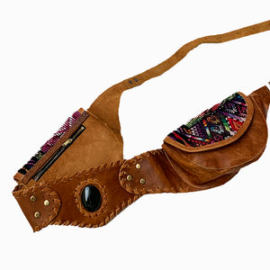 Brown Leather Double Hip Pouch with Vintage Huipil Textile & Jade Stone