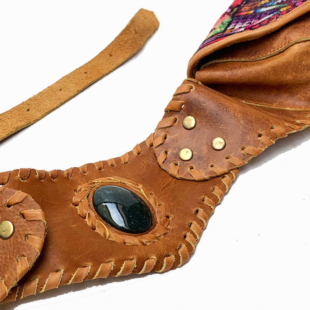 Brown Leather Double Hip Pouch with Vintage Huipil Textile & Jade Stone