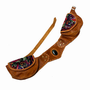 Brown Leather Double Hip Pouch with Vintage Huipil Textile & Jade Stone