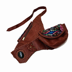 Mahogany Brown Leather Double Hip Pouch with Vintage Huipil Textile & Jade Stone