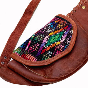 Mahogany Brown Leather Double Hip Pouch with Vintage Huipil Textile & Jade Stone