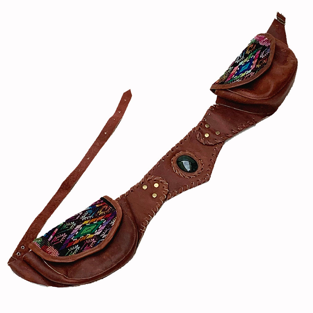 Mahogany Brown Leather Double Hip Pouch with Vintage Huipil Textile & Jade Stone