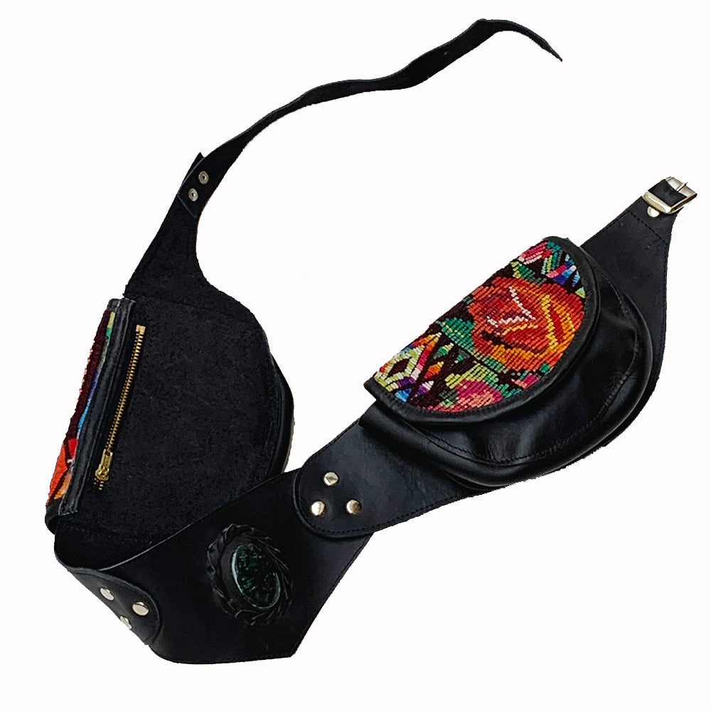 Black Leather Double Hip Pouch with Vintage Huipil Textile & Jade Stone