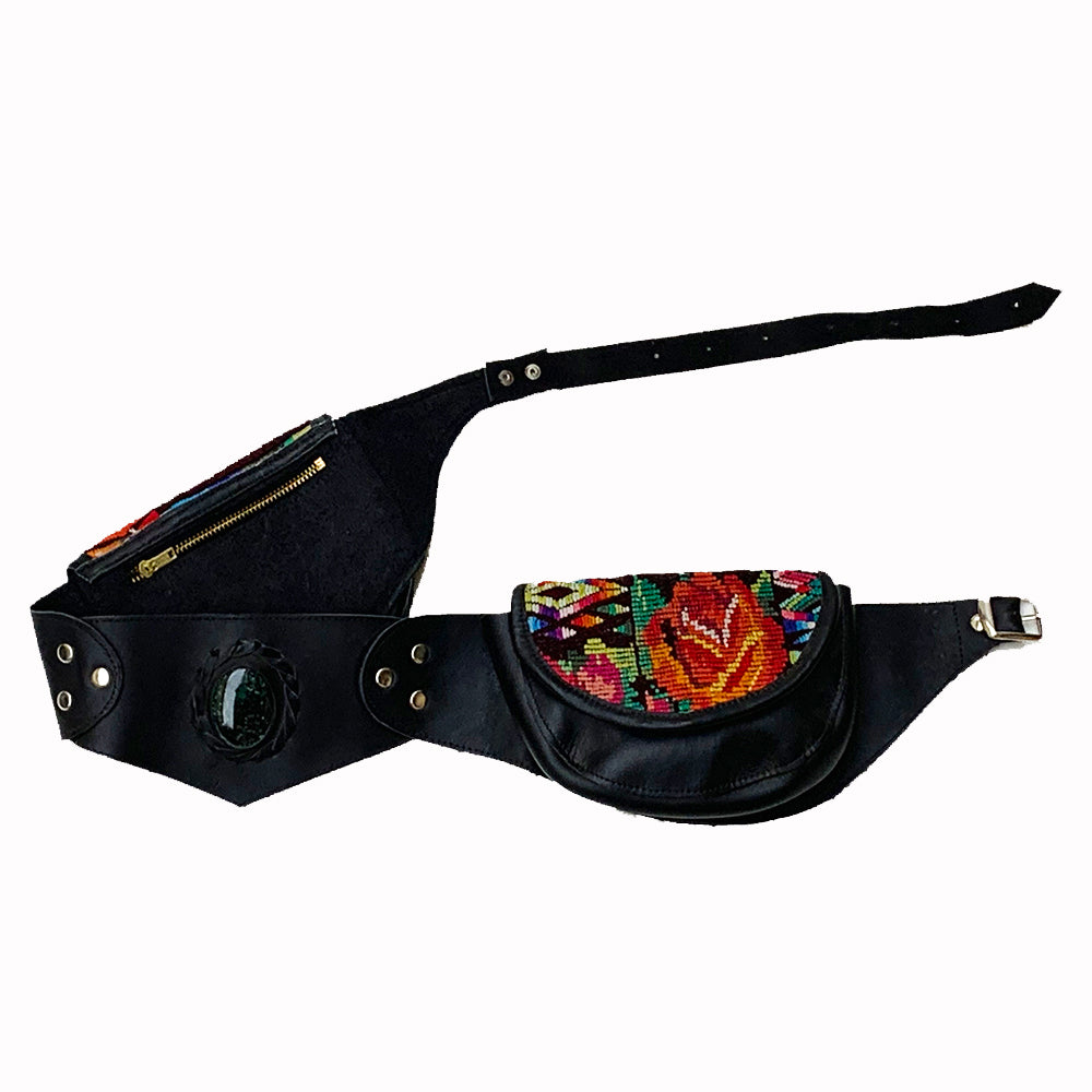 Black Leather Double Hip Pouch with Vintage Huipil Textile & Jade Stone