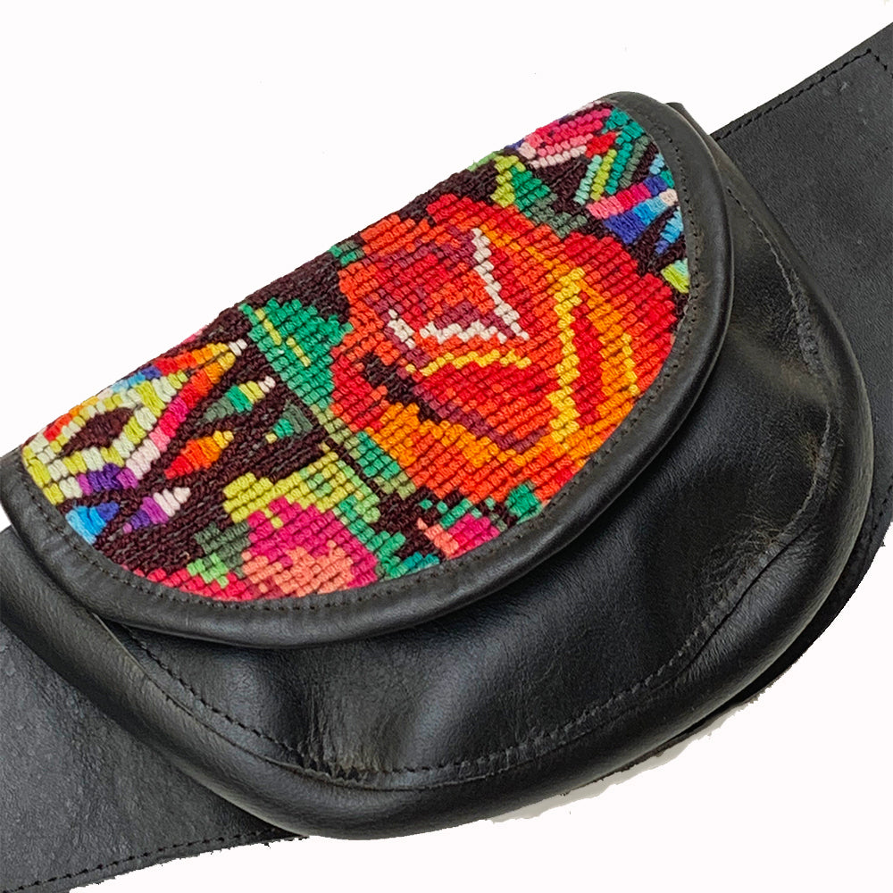 Black Leather Double Hip Pouch with Vintage Huipil Textile & Jade Stone