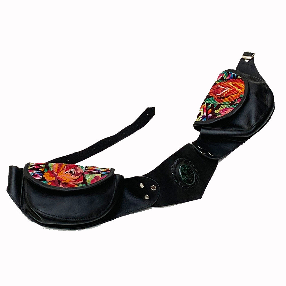 Black Leather Double Hip Pouch with Vintage Huipil Textile & Jade Stone