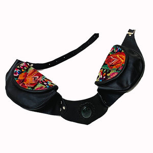 Black Leather Double Hip Pouch with Vintage Huipil Textile & Jade Stone