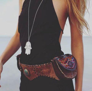 Black Leather Double Hip Pouch with Vintage Huipil Textile & Jade Stone