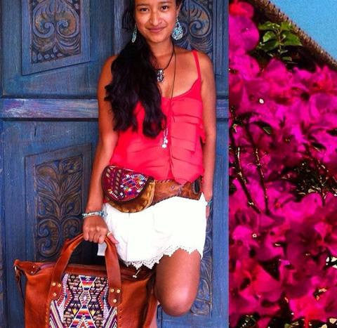 Black Leather Double Hip Pouch with Vintage Huipil Textile & Jade Stone