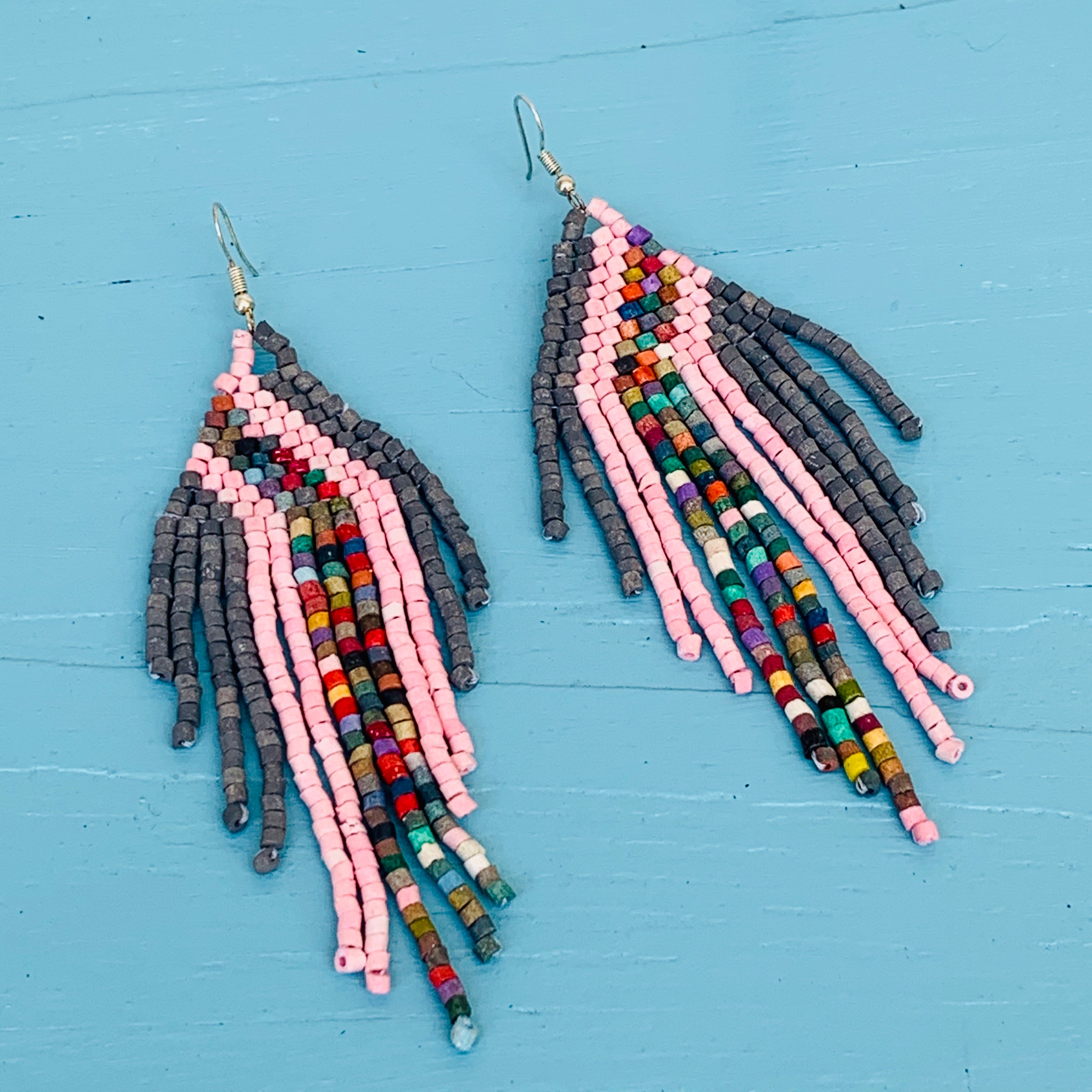 Large 5" Pink & Grey Ceramic Beaded Fringe Earrings