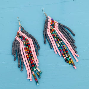 Large 5" Pink & Grey Ceramic Beaded Fringe Earrings