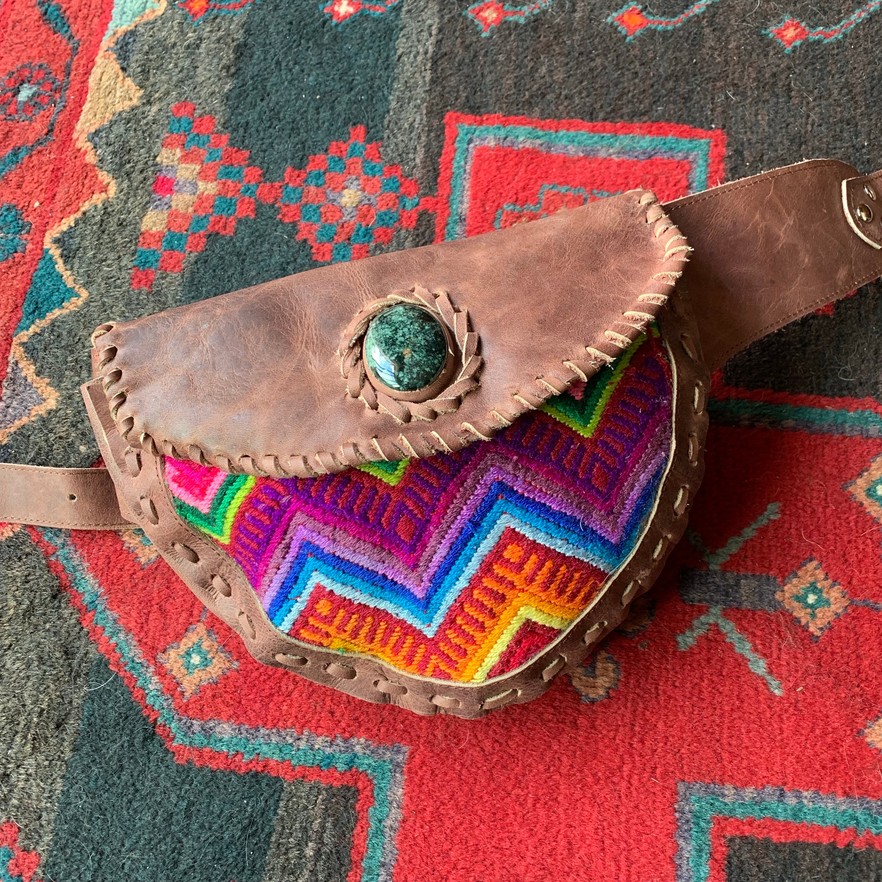 Large Brown Leather Single Hip Pouch with Vintage Colorful Huipil Textile & Jade Stone