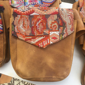 Orange Floral Embroidery Vintage Huipil Fabric & Leather Hip Pouch