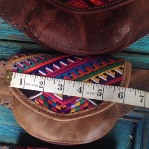 Mahogany Brown Leather Double Hip Pouch with Vintage Huipil Textile & Jade Stone