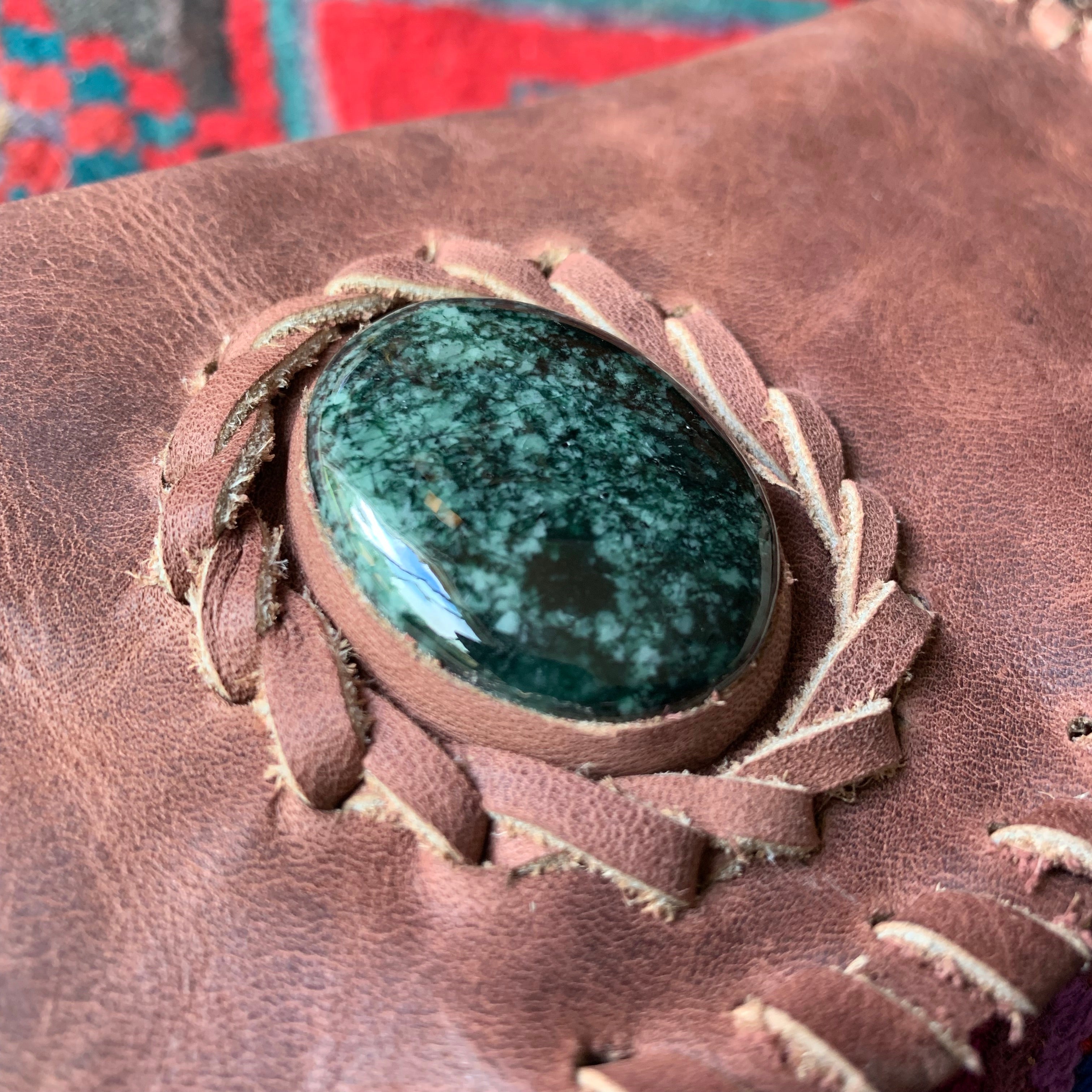 Large Brown Leather Single Hip Pouch with Vintage Colorful Huipil Textile & Jade Stone