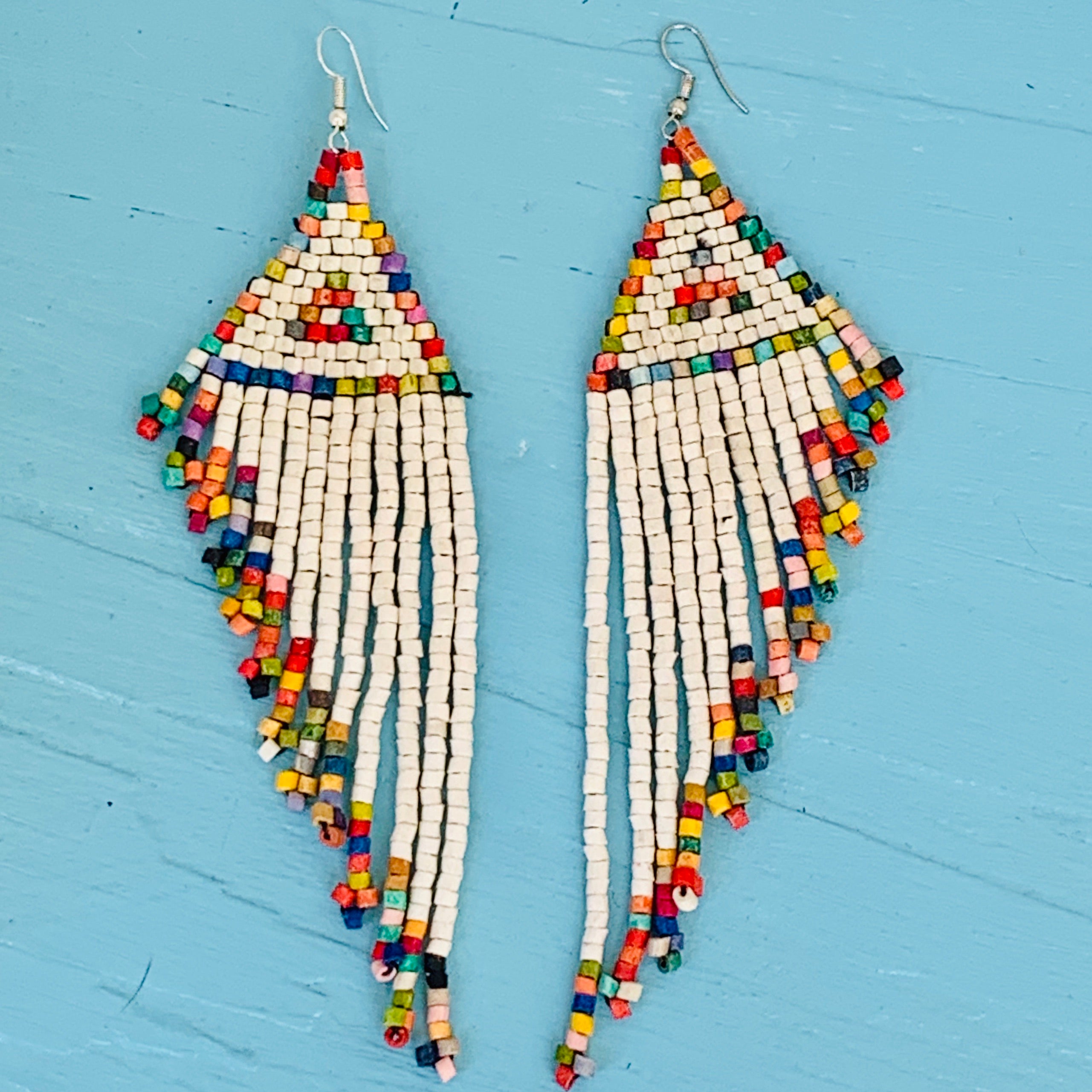 Large 6" White Rainbow Wing Ceramic Beaded Earrings