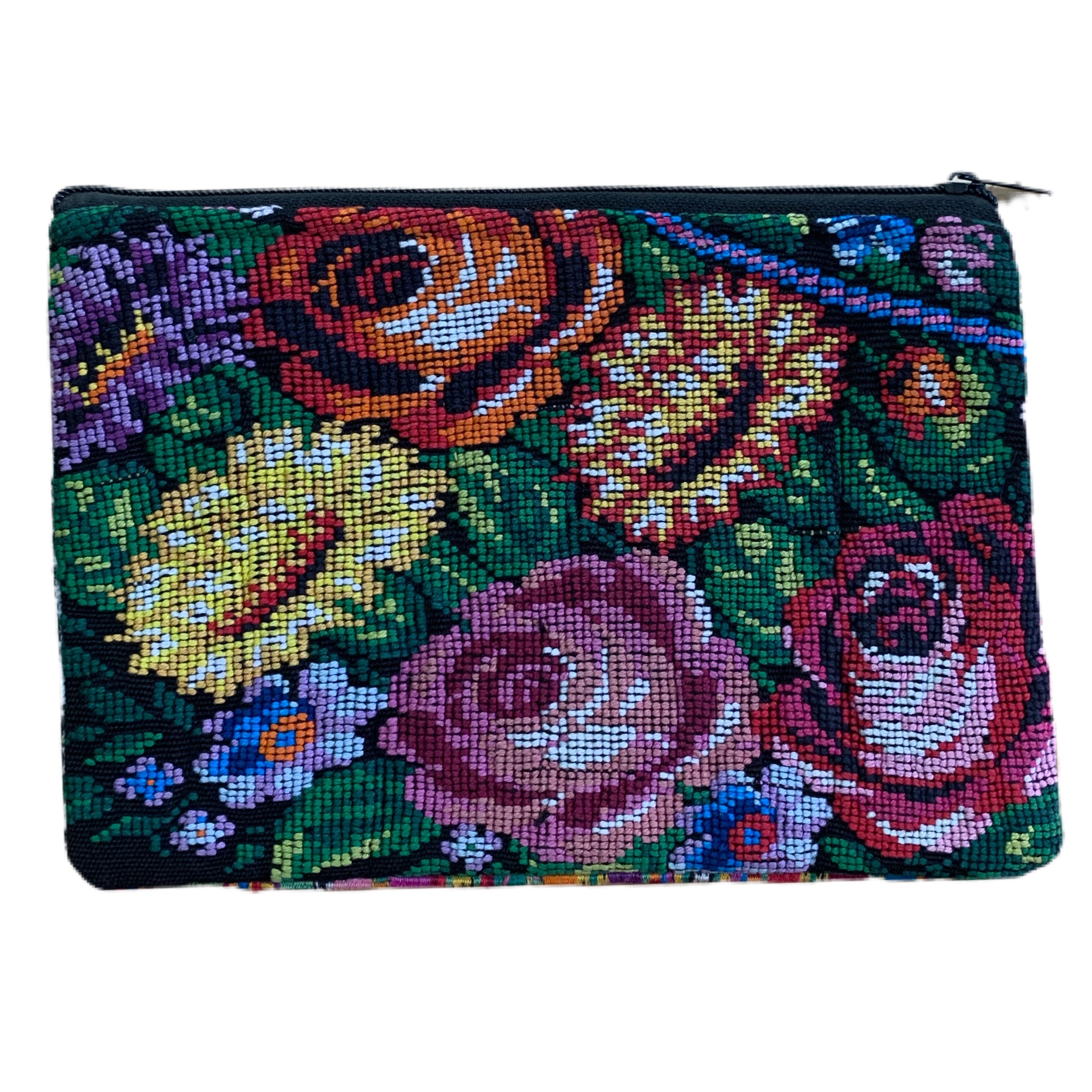 Embroidered Flower Huipil Fabric Pouch Size 8" by 6 1/2"