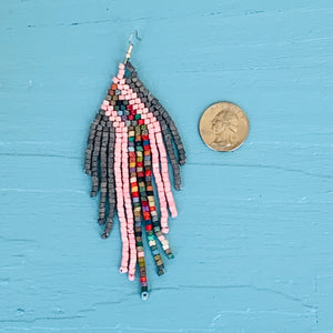 Large 5" Pink & Grey Ceramic Beaded Fringe Earrings