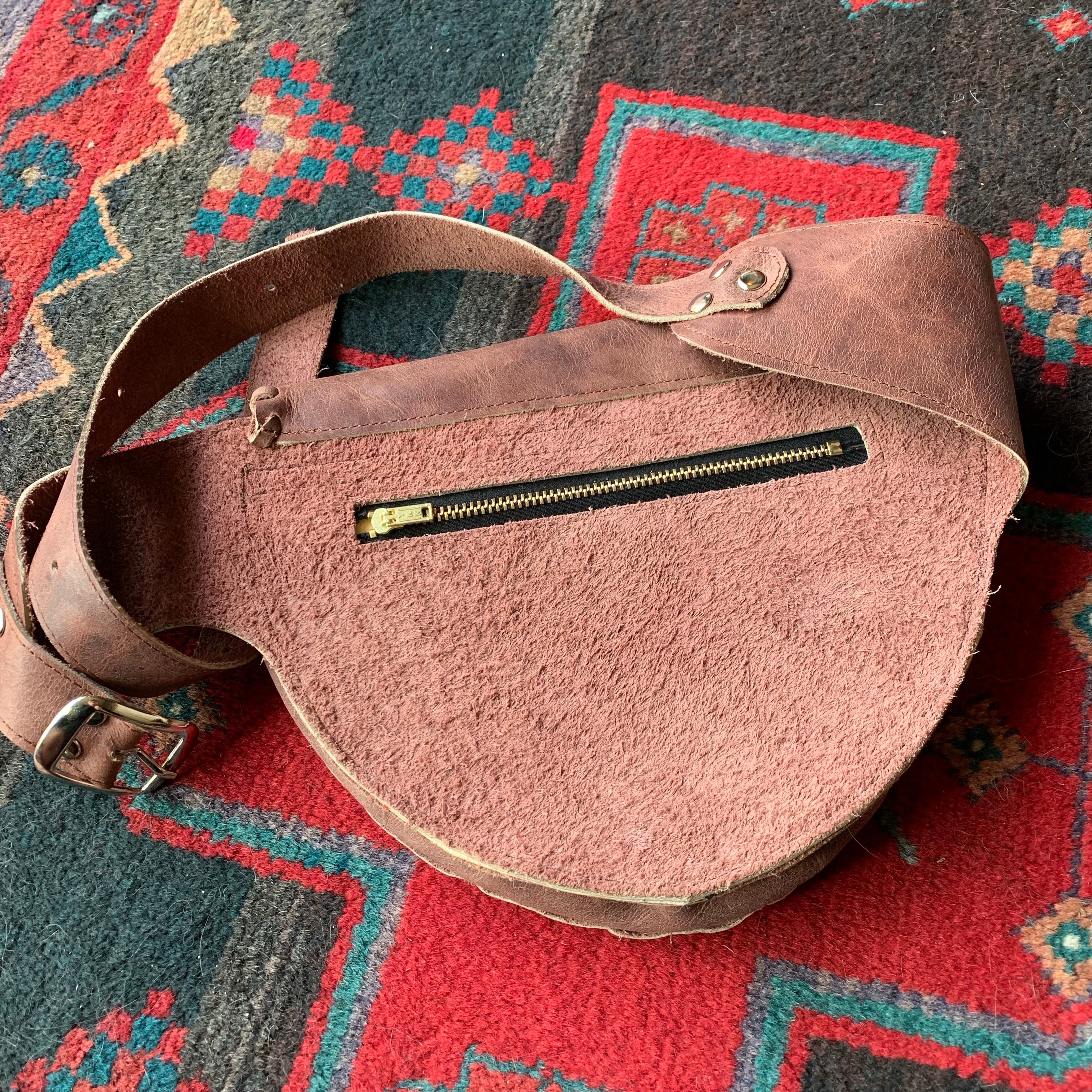Large Brown Leather Single Hip Pouch with Vintage Colorful Huipil Textile & Jade Stone