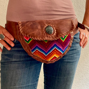 Large Brown Leather Single Hip Pouch with Vintage Colorful Huipil Textile & Jade Stone