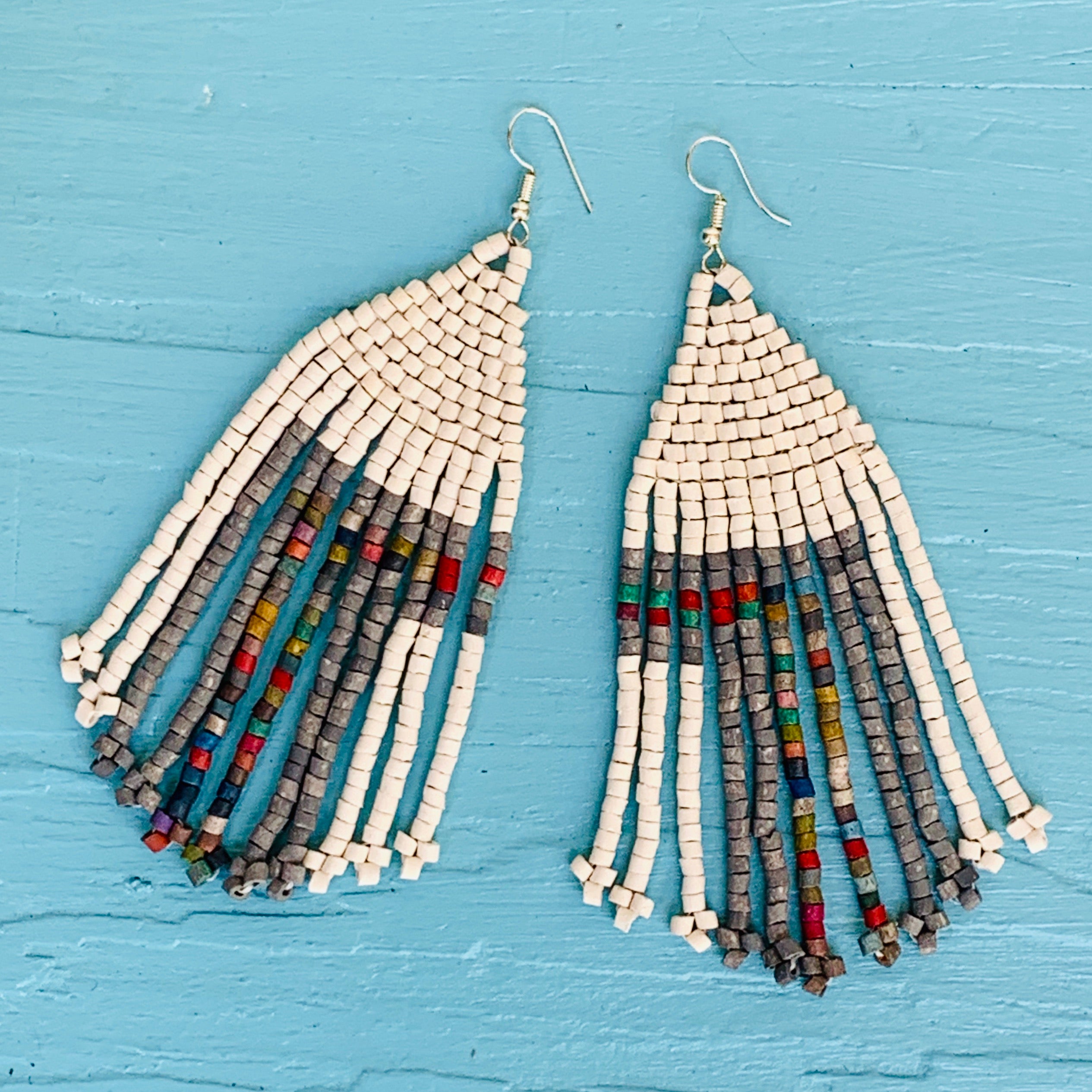 Large 5" White & Grey Ceramic Beaded Fringe Earrings