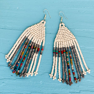 Large 5" White & Grey Ceramic Beaded Fringe Earrings