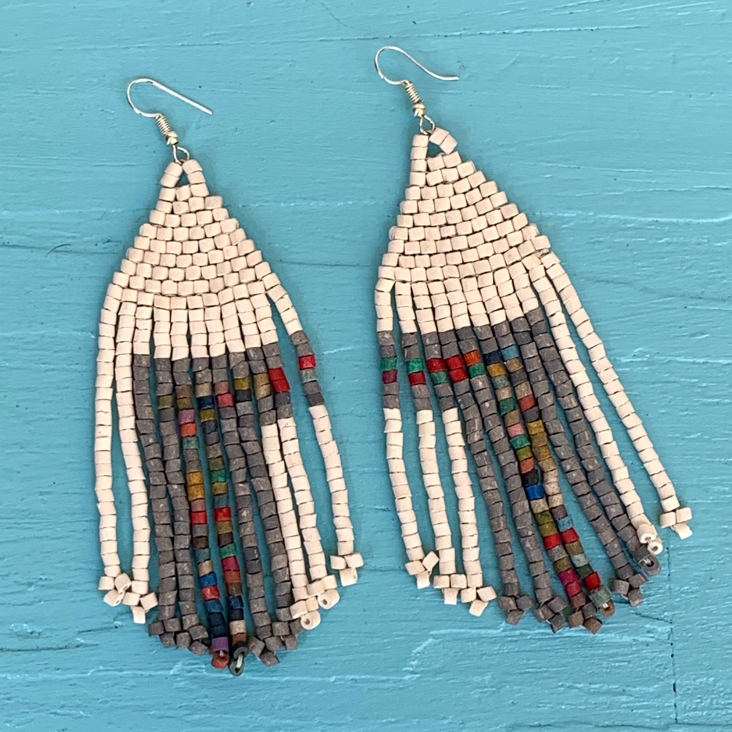 Large 5" White & Grey Ceramic Beaded Fringe Earrings