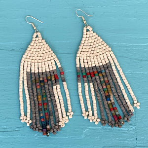 Large 5" White & Grey Ceramic Beaded Fringe Earrings