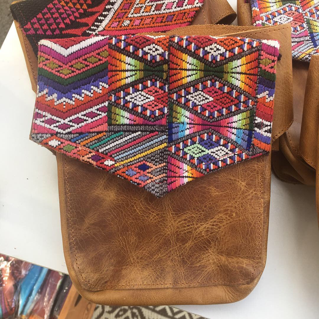 Rainbow Geometric Vintage Huipil Fabric & Leather Hip Pouch