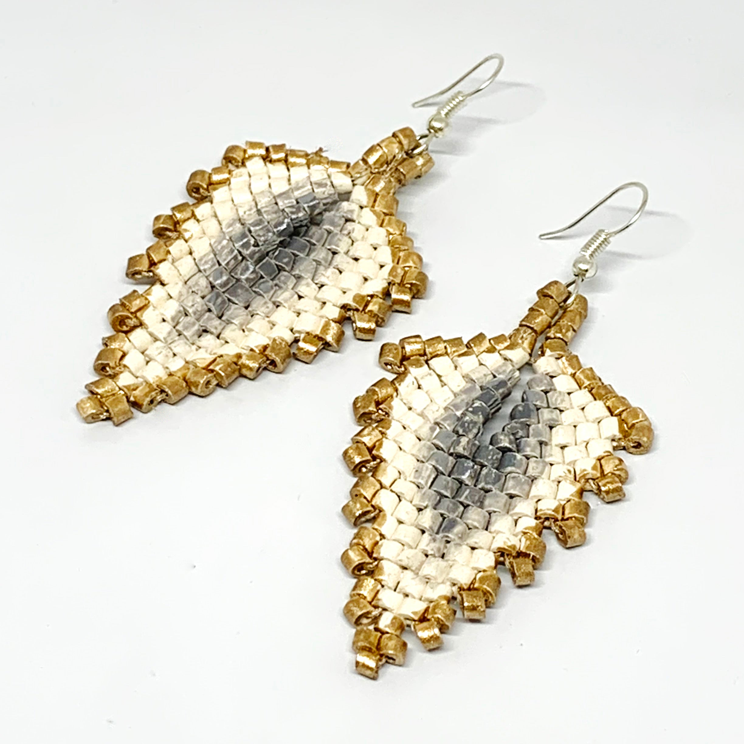 Gold, Natural & Grey Ceramic Beaded Leaf Earrings