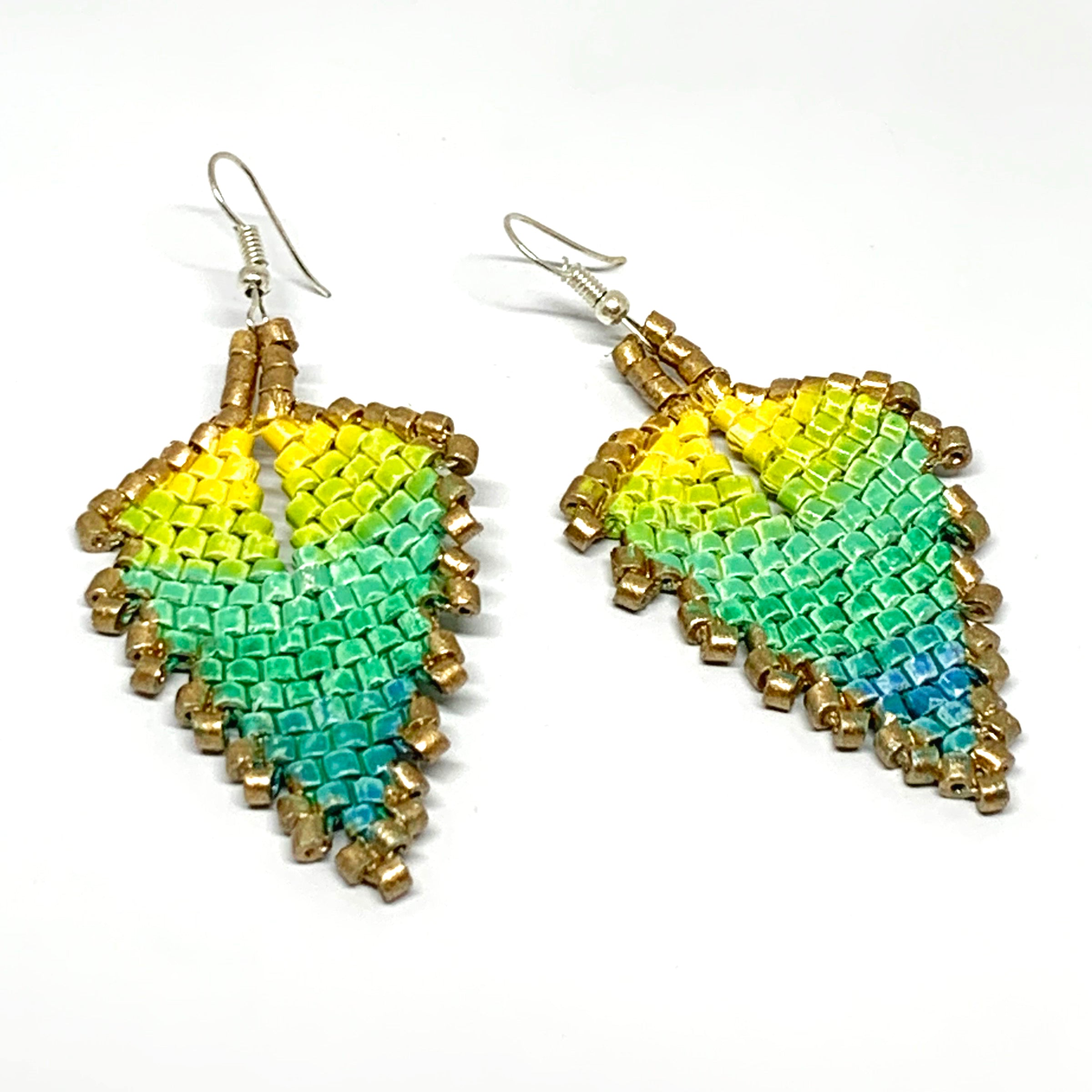 Gold, Yellow, Green & Blue Ceramic Beaded Leaf Earrings