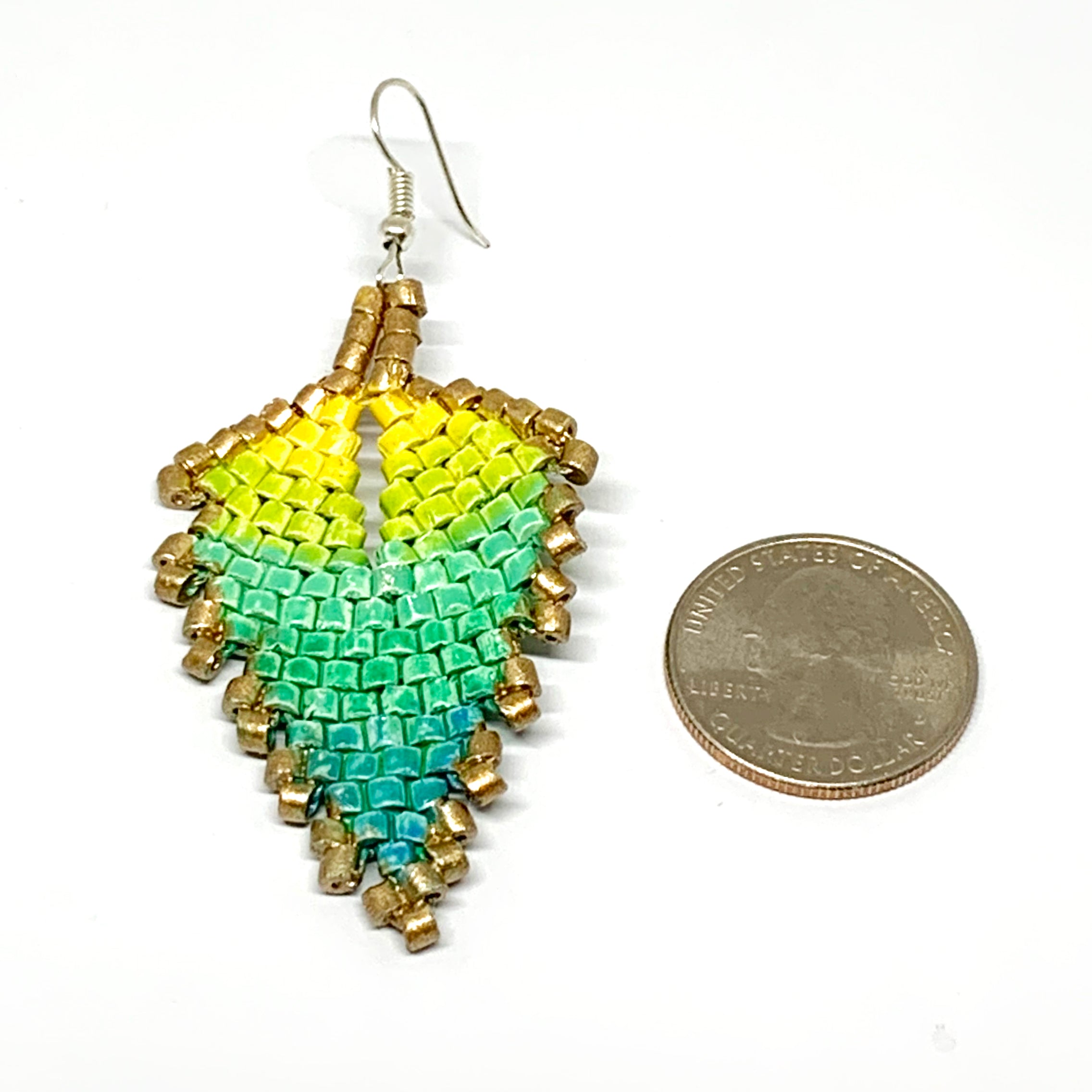 Gold, Yellow, Green & Blue Ceramic Beaded Leaf Earrings