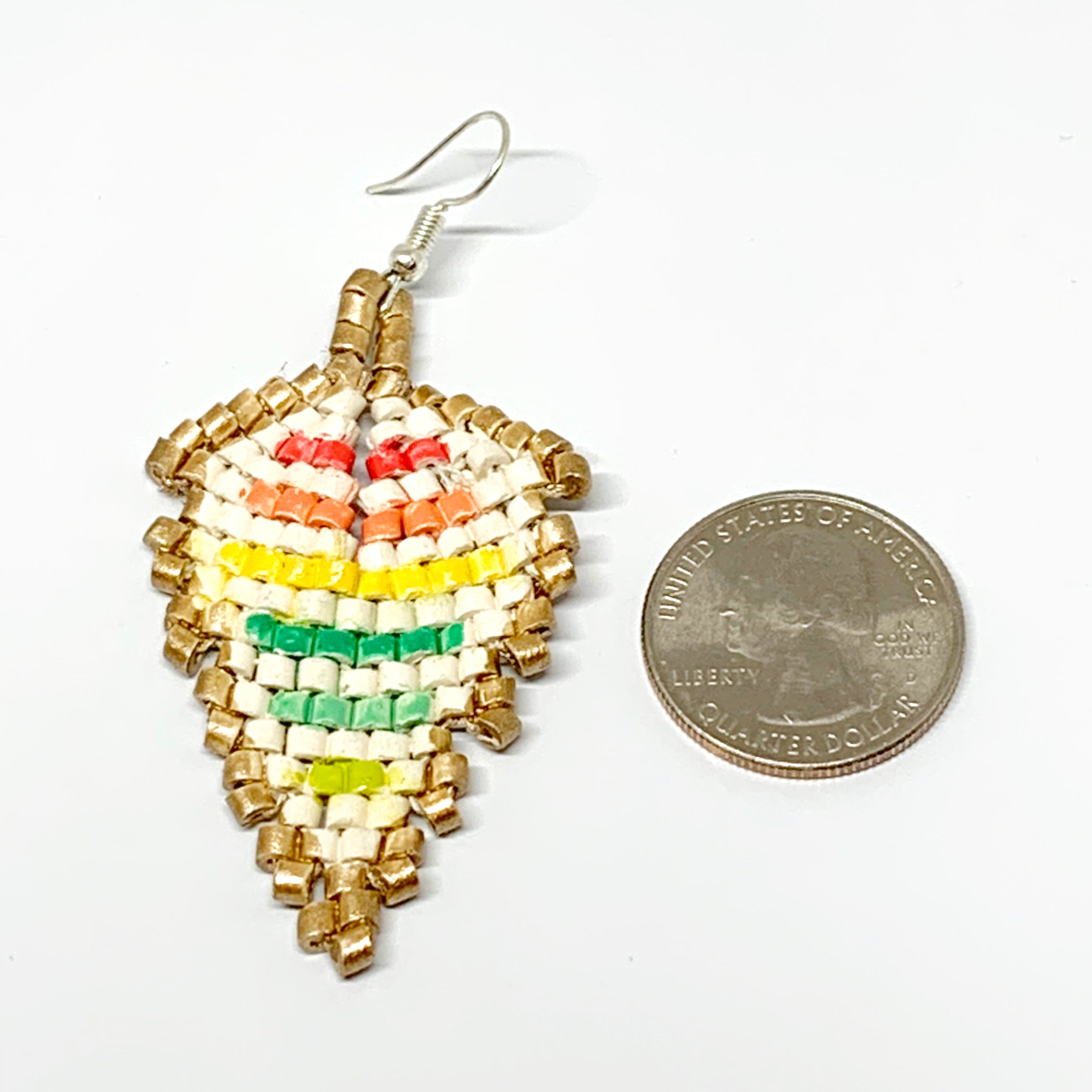 Gold, Cream & Rainbow Stripes Ceramic Beaded Leaf Earrings