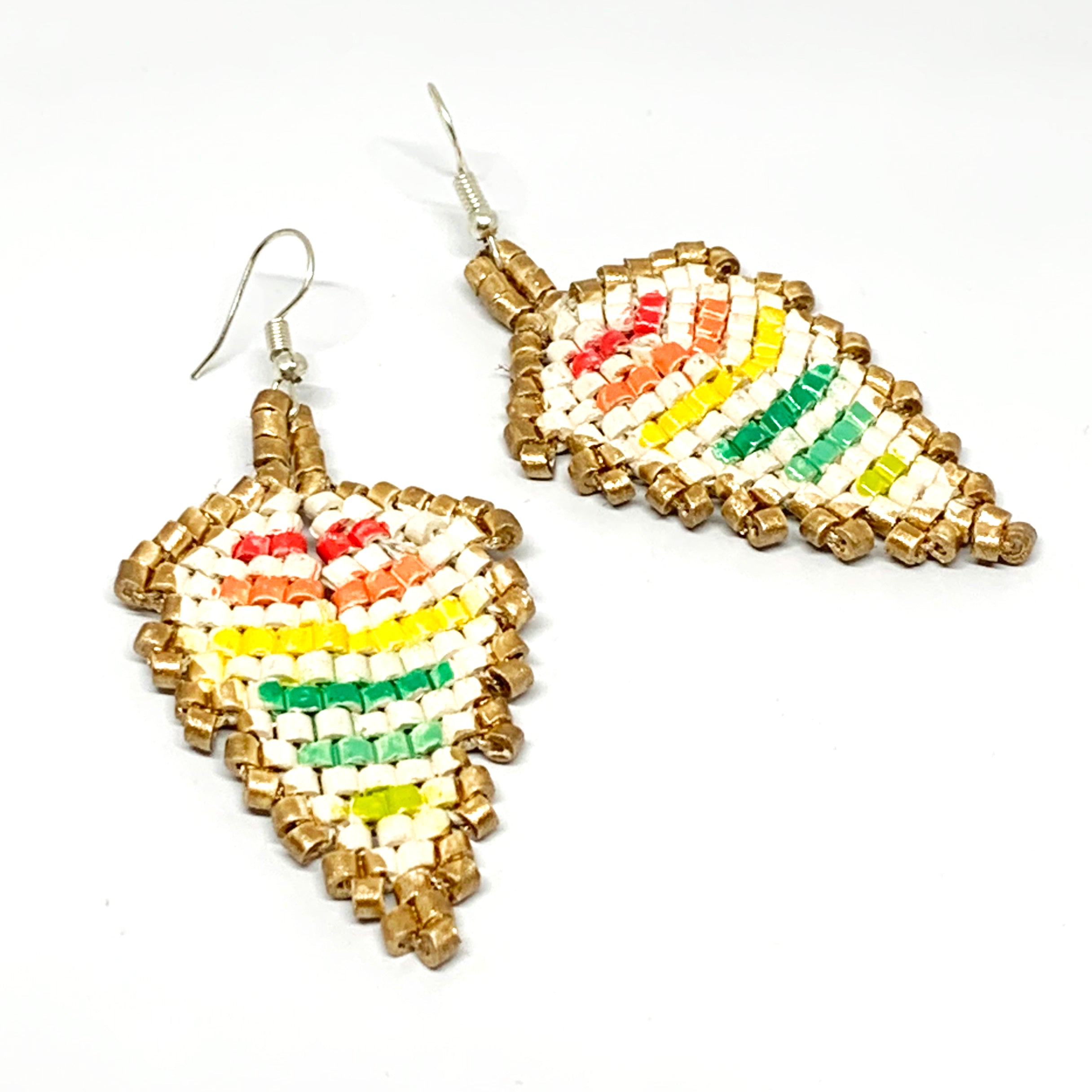 Gold, Cream & Rainbow Stripes Ceramic Beaded Leaf Earrings