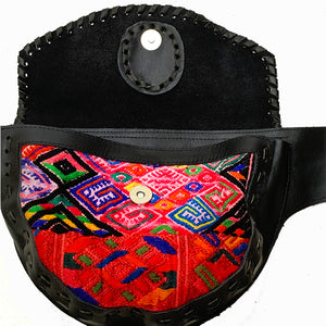 Large Black Leather Single Hip Pouch with Vintage Huipil Textile & Jade Stone