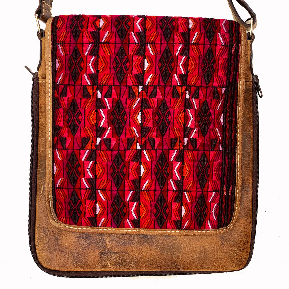 Red Patterned Embroidered Vintage Huipil & Leather Messenger Bag