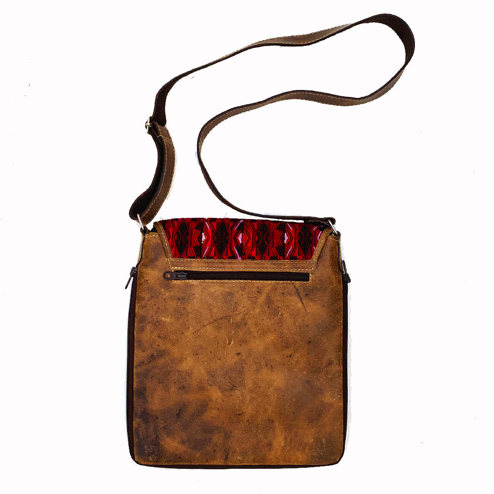 Red Patterned Embroidered Vintage Huipil & Leather Messenger Bag