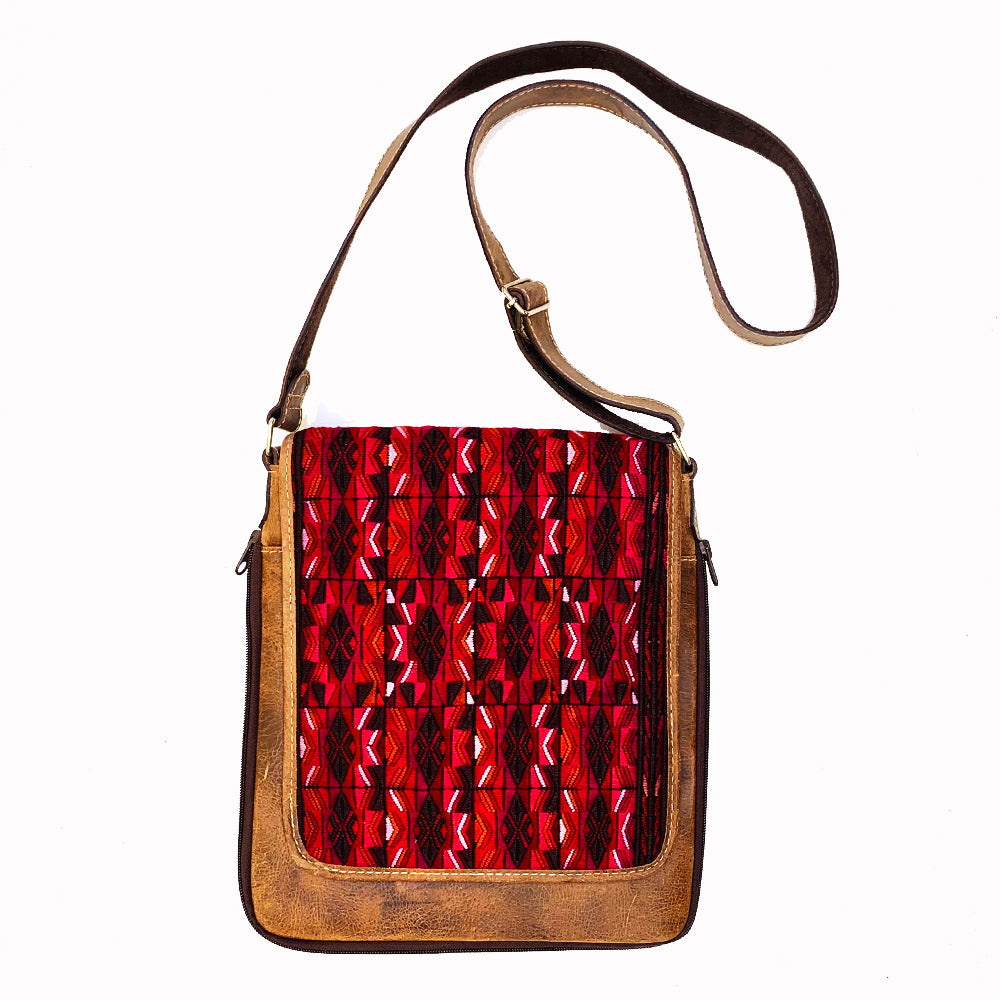 Red Patterned Embroidered Vintage Huipil & Leather Messenger Bag
